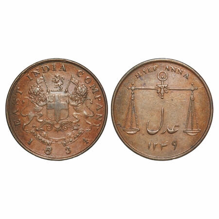 Bombay Presidency, Copper ½ Anna, 12.82g, 1834 AD, Obv: Arms of Eic Company, Rev: Scales o