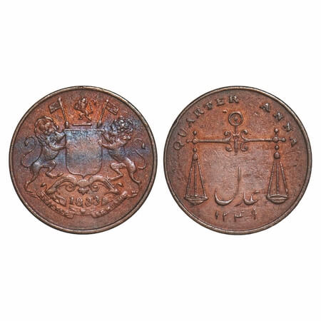 Bombay Presidency, Copper Quarter Anna, 6.42g, Bombay Mint, AD 1833/1249 AH, Reverse die a