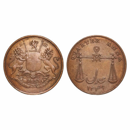 Bombay Presidency, Copper Quarter Anna, 6.33g, Bombay Mint, AD 1833/1249 AH, Reverse die a