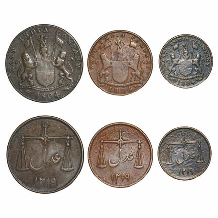 Bombay Presidency, Copper (3 Coins), Double Pice, Pice, Half Pice, 1804, Obv: Arms of East