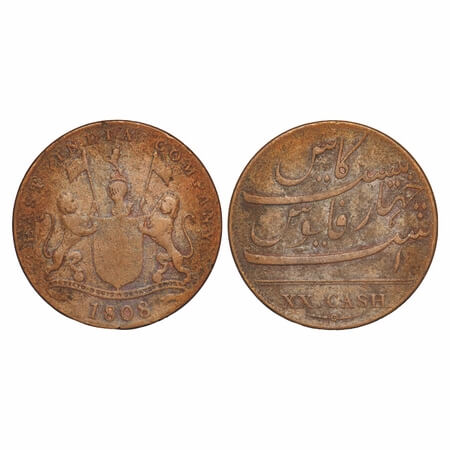 Madras Presidency, Copper XX (Twenty) Cash, 9.03g (Light Issue), struck at Soho Mint, 1808