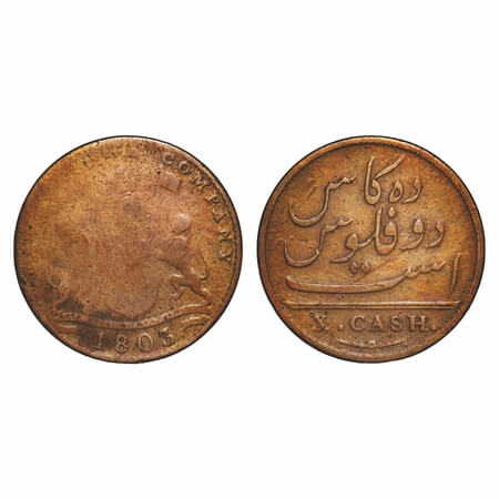 Madras Presidency, Copper X (Ten) Cash, 5.67g (Heavy Issue), Struck at Soho Mint, 1803 AD,