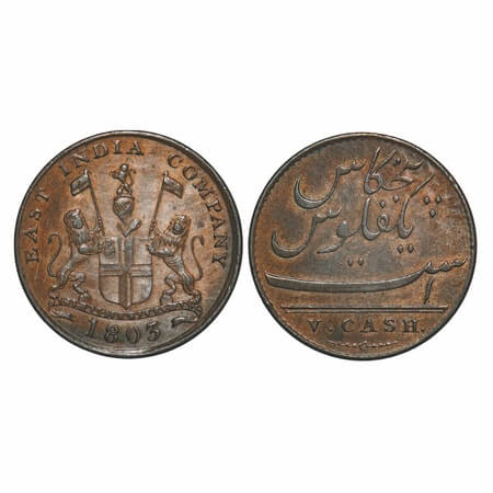Madras Presidency, Copper V (Five) Cash, 3.05g, Struck at Soho Mint, 1803 AD, Obv: Coat of
