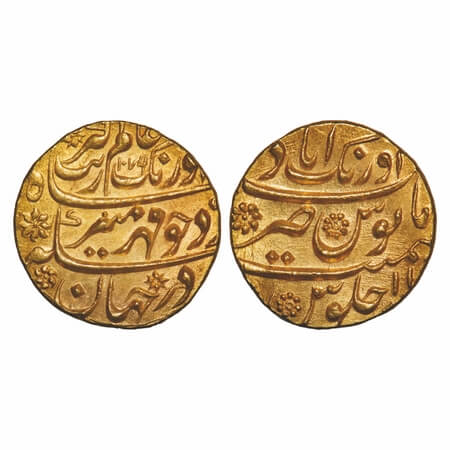 Aurangzeb (AH 1068-1118, 1658-1707 AD), Gold Mohur, 11.00g, Aurangabad Mint on top, AH 107