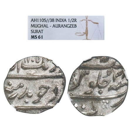 Aurangzeb (AH 1068-1118, 1658-1707 AD), Silver ½ Rupee, Surat Mint, AH 1105/38 RY, with be