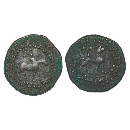 Indo Scythian, Azes II, Copper Tetradrachm, 13.43g, 27.91x26.87mm, Obv: Humped bull walkin