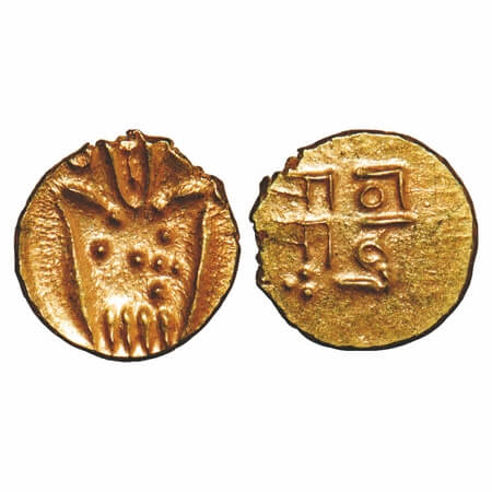 Marathas of Gingee, Gold Fanam, 0.38g, 8.09x7.94mm, 18 Cen AD, Obv: ‘Kali’ like design, Re