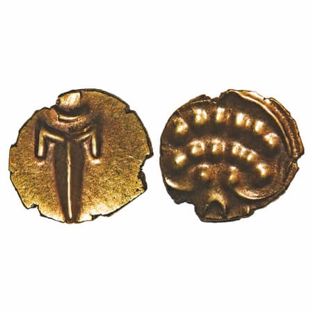 Marathas of Tanjore, Gold Fanam, 0.38g, sword & crude figure on other side. M&W T2a. Extre
