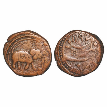 Mysore, Copper Paisa, 12.48g, Tipu Sultan, Nagar Mint, AM 1197, Obv: Elephant towards righ