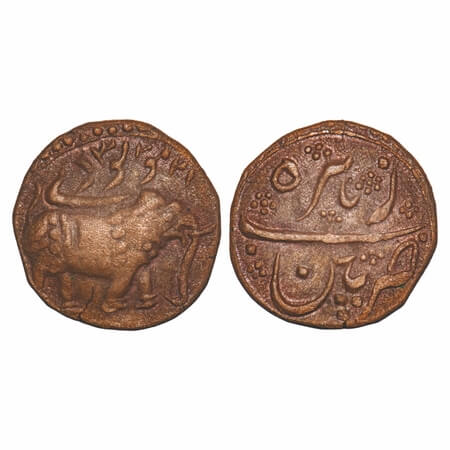 Mysore, Copper Paisa, 11.02g, Tipu Sultan, Patan Mint, AM 1223, Obv: Elephant towards righ