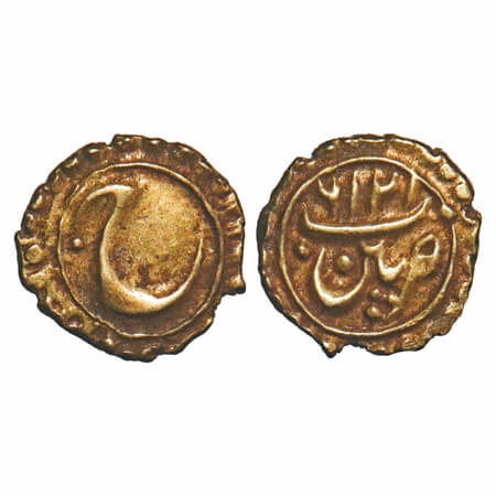 Mysore, Gold Fanam, Tipu Sultan, 0.39g, Patan Mint, AM 1216 (Retrograde), Obv: Persian 'He