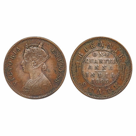 Bikanir, Copper ¼ Anna, 6.39g, Ganga Singh (VS 1944-1999 / 1887-1942 AD), 1895 AD, with th