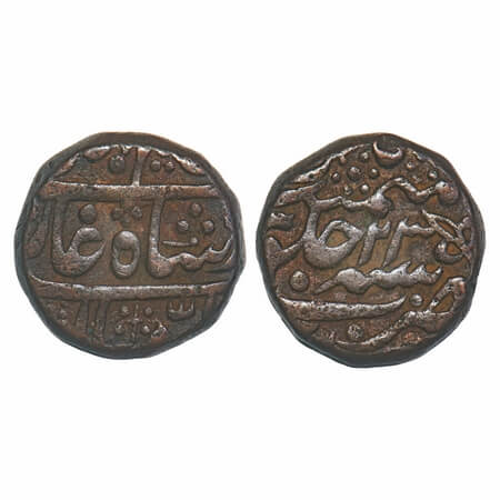 Bundi, Copper Takka, 17.73g, early Mughal issues, 23 RY, INO Shah Alam II, flower symbol o