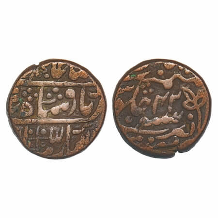 Bundi, Copper Takka, 17.21g, early Mughal issues, 42 RY, INO Shah Alam II, flower symbol o
