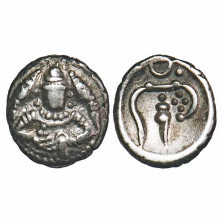 Cochin, Silver Puttun, 0.53g, British Proctectorate issue, Obv: Siva with ornaments and ot