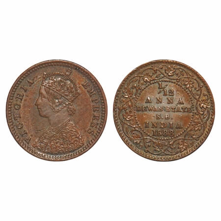 Dewas Senior, Copper 1/12 Anna, 2.10g, Narayan Rao (c. 1864-1892 AD), Crowned bust of Vict