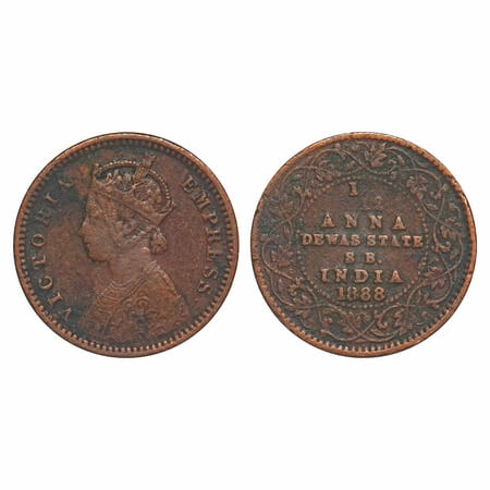 Dewas Senior, Copper 1/12 Anna, 2.16g, Narayan Rao (c. 1864-1892 AD), Crowned bust of Vict