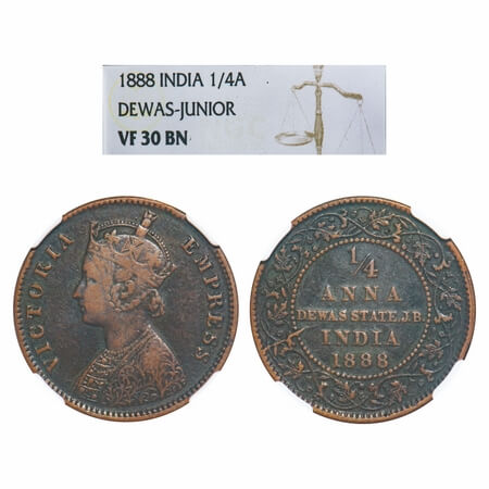 Dewas Junior, Copper 1/4 Anna, Narayan Rao (1864-1892 AD), 1888 AD, with the name of Victo