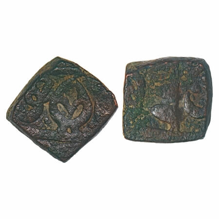 Dhar, Copper Square Paisa, 13.96g, Obv: double flag, Rev: leaf. KM Unlisted. Very Fine, Ve