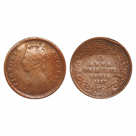 Dhar, Copper 1/12 Anna, 2.03g, Anand Rao III, 1887 AD, bust of Victoria Empress on obv. KM