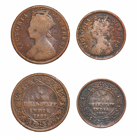 Dhar, Copper ¼ Anna & ½ Pice (2 Coins), Anand Rao III (1860-1898 AD), 1887 AD, bust of Vic