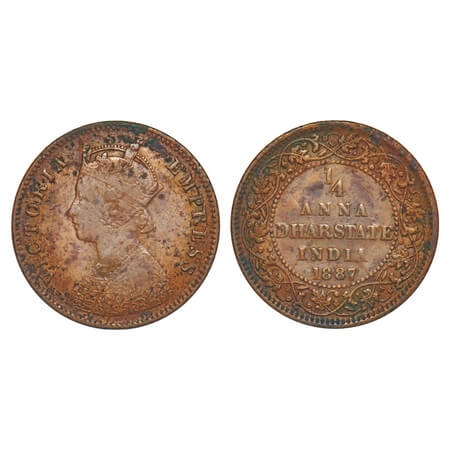 Dhar, Copper 1/4 Anna, 6.30g, Anand Rao III (1860-1898 AD), 1887 AD, bust of Victoria Empr