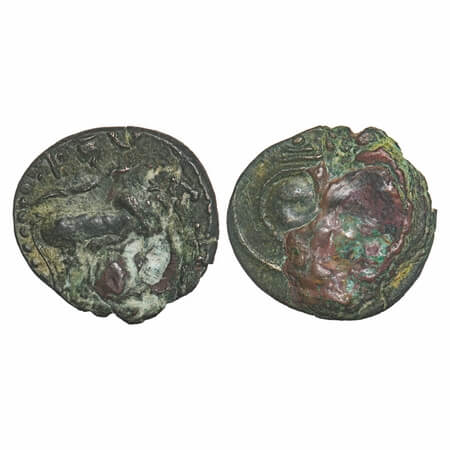 Pallavas of Kanchipuram, Copper Base Alloy, 4.08g, 20.99x21.58mm, Obv: Bull standing facin