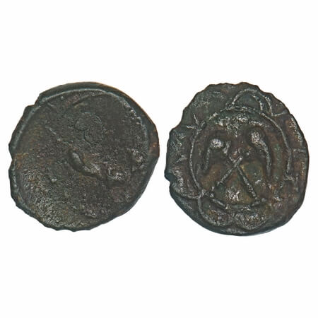 Pallavas of Kanchipuram, Copper Base Alloy, 2.04g, 15.37x14.75mm, Obv: Bull standing facin