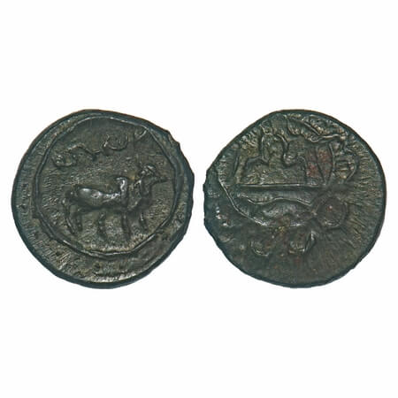 Pallavas of Kanchipuram, Copper Base Alloy, 2.42g, 15.98x16.48mm, Obv: Humped bull standin