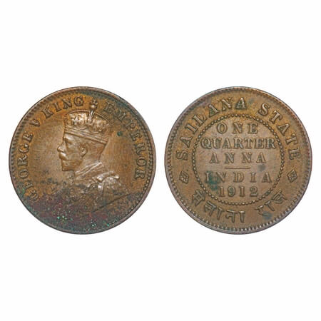 Sailana, Bronze ¼ Anna, 4.82g, Jaswant Singh (1890-1919 AD), 1912 AD, Bust of George V on