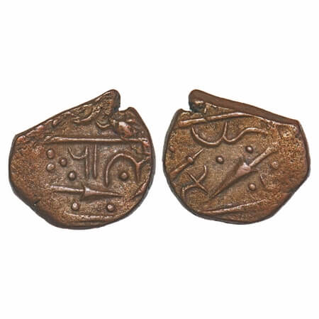 Sunth, Copper Paisa, 8.85g, Parmar Rulers, Rampur Mint, Obv: 2 Spear & sword and illegible