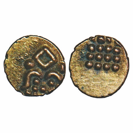Travancore, Gold Kaliyan Panam, 0.35g, Obv: Stylised of Vishnupadam with a chakram and 4 p