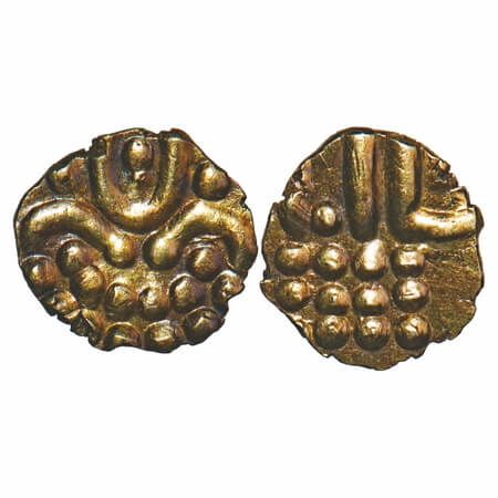 Travancore Early Period, Gold Kaliyan or Kali Fanam/Panam, 0.39g, Obv: stylized lion/boar