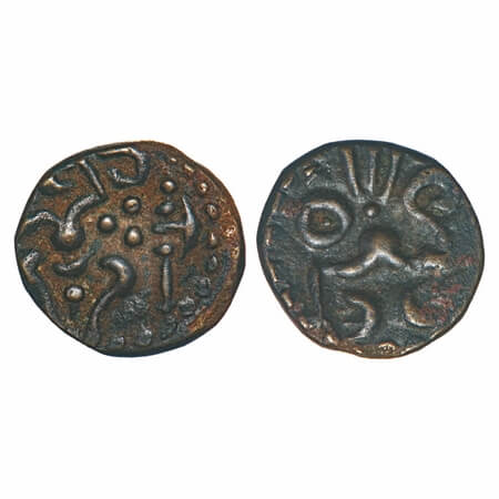 Travancore (Venad as vassals), Copper Thirai Cash, 2.63g, Obv: standing Figure flanked by 