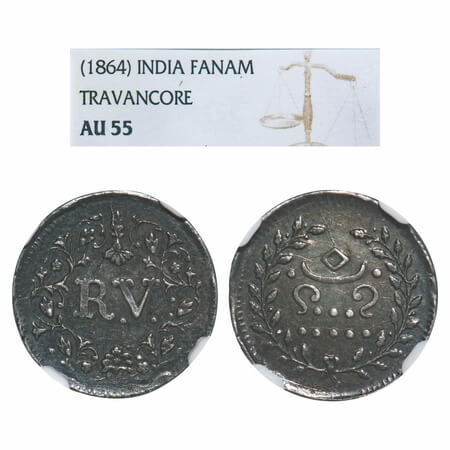 Travancore, Silver Velli Fanam, Rama Varma IV (ME 1035-1055/1860-1880 AD), Obv: RV intials