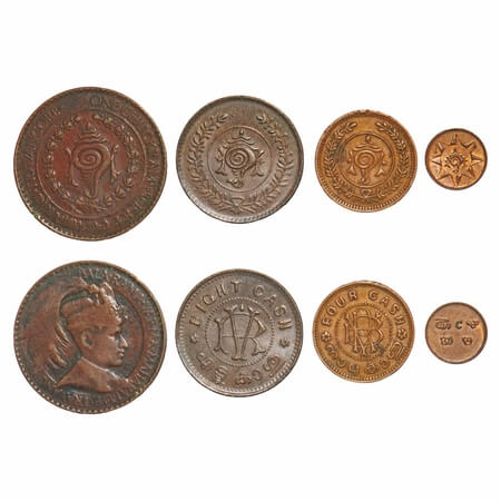 Travancore, Copper & Bronze (4 Coins), Rama Varma VI (ME 1061-1099/1885-1924 AD), Cash & 8