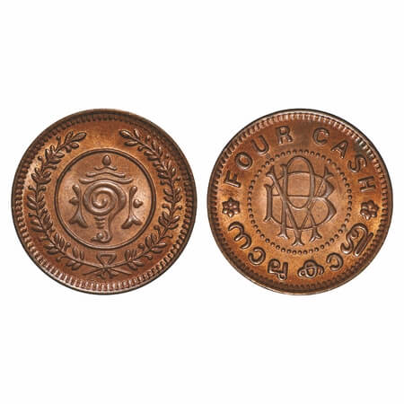 Travancore, Bronze 4 Cash (1938-1949 AD issue), 1.94g, Bala Rama Varma II (ME 1101-1126, 1