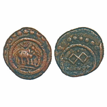 Travancore, Copper Thira Cash, 1.02g, Obv: Elephant to right, Rev: design, with dotted bor