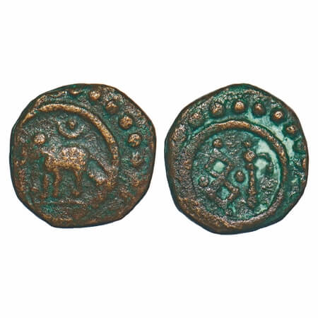 Travancore, Copper Thirai Cash, 1.40g, Obv: Elephant walking left with sun & moon above, R