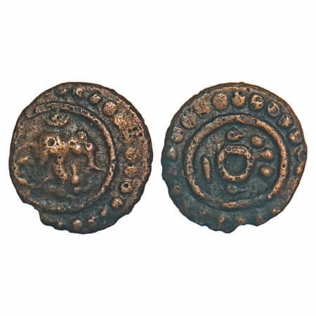 Travancore, Copper Thirai Cash, 0.65g, Obv: Elephant to right and crescent above, Rev: cir