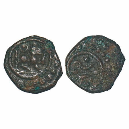 Travancore, Copper Thirai Cash, 1.32g, Obv: Lion walking right, sun & moon above, Rev: sea