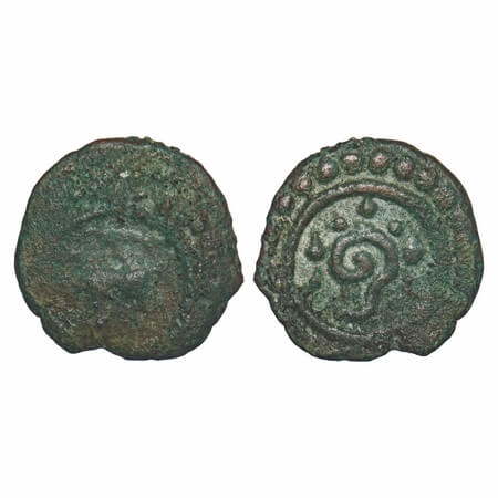 Travancore, Copper Thirai Cash, 1.18g, Obv: Animal to right, Rev: Shankha. Fine, Very Scar