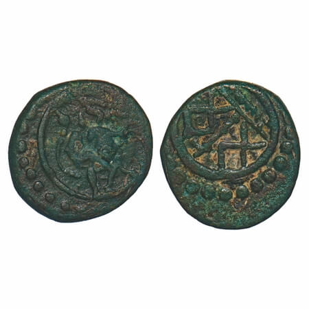 Travancore, Copper Thirai Cash, 1.29g, Obv: Vyagrapada to right, Rev: Ankus between 2 "fis