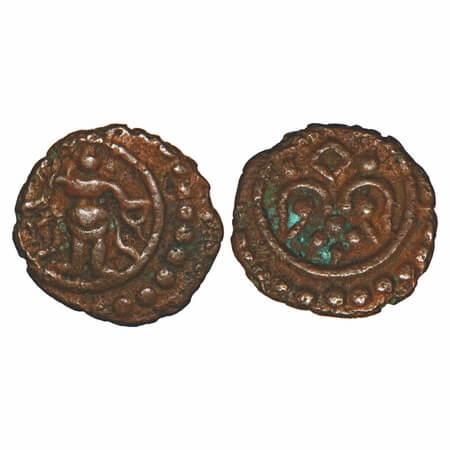 Travancore (Venad), Copper Thirai Cash, 1.00g, Obv: Standing Diety (lord Venkateswara), Re