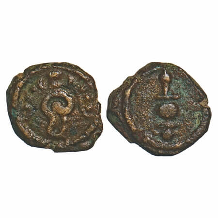 Travancore, Copper Thirai Cash, 0.75g, Obv: mace, Rev: conch. B.Sarasan 375 type. Very Fin