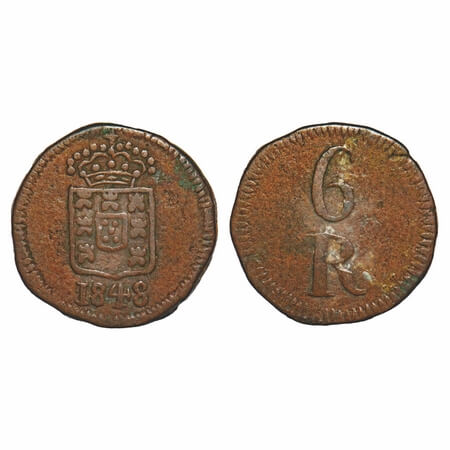Indo Portuguese, Copper 6 Reis, 3.77g, D.Maria II (1834-1853 AD), 1848. A.Gomes (page 595)