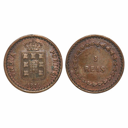 Indo Portuguese, Copper, 3 Reis, 1.90g, D Luis (1861-1889 AD), 1871 AD, Goa issue, Coat of