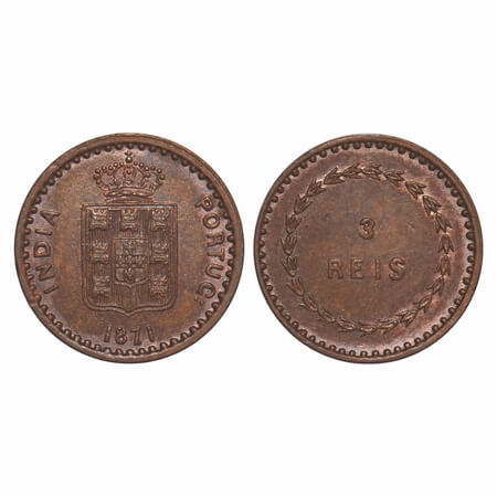 Indo Portuguese, Copper, 3 Reis, 1.90g, D Luis (1861-1889 AD), 1871 AD, Goa issue, Coat of