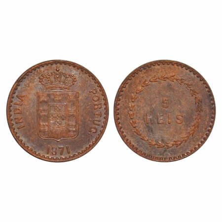 Indo Pourtuguese, Copper, 5 Reis, 3.17g, D. Luis (1861-1889 AD), 1871 AD, Goa issue, Coat 