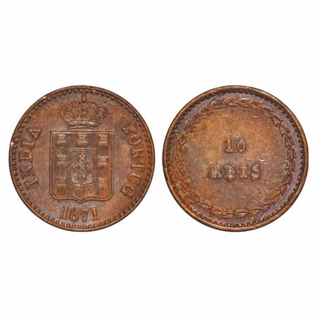Indo Pourtuguese, Copper, 10 Reis, 6.30g, D. Luis (1861-1889 AD), 1871 AD, Goa issue, Coat